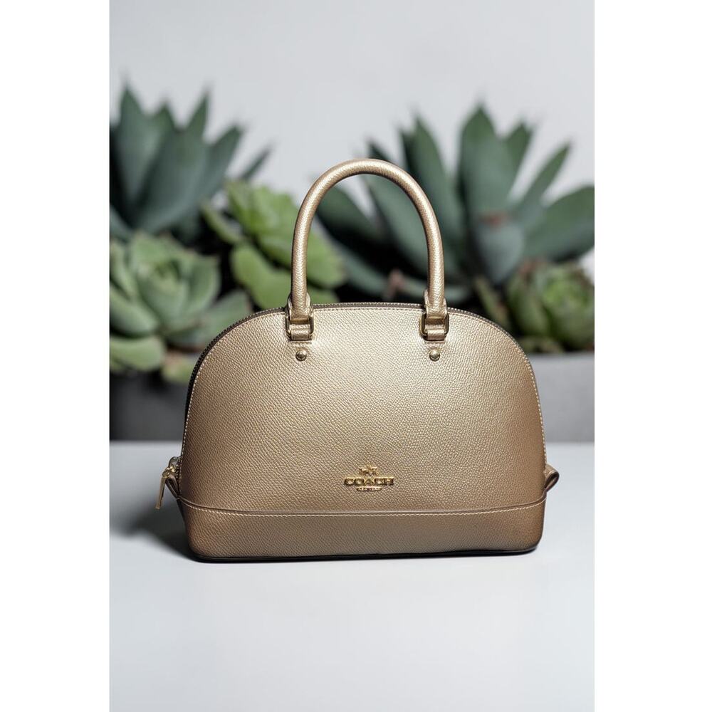 Coach Metallic Champagne Gold Crossgrain Leather Dome Satchel Top Handle Bag
